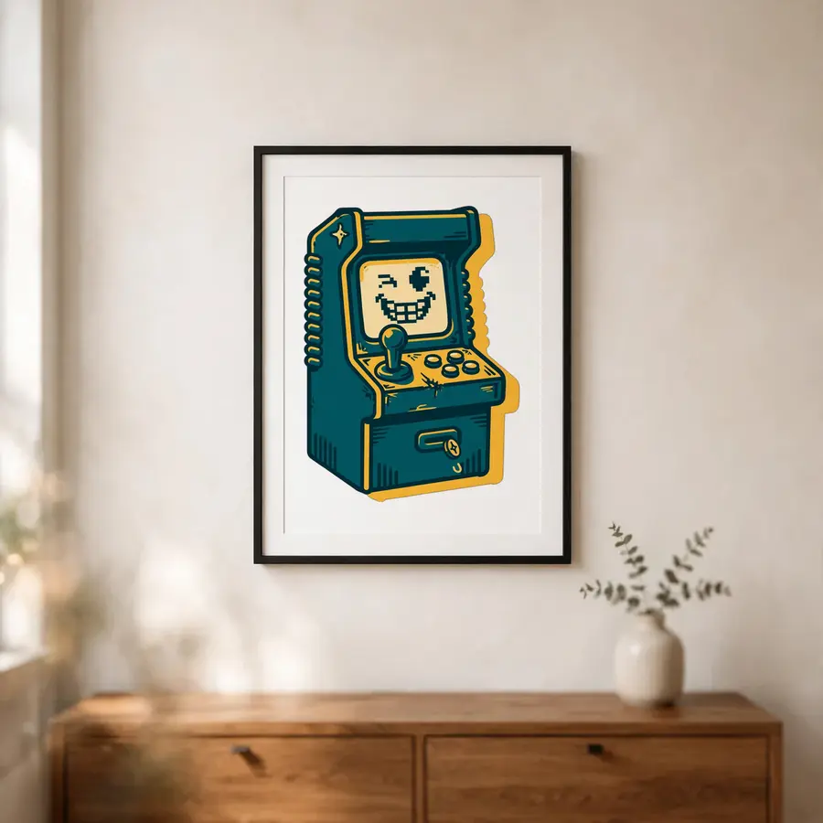 Teal Arcade Cabinet With Winking Pixel Face as a framed print