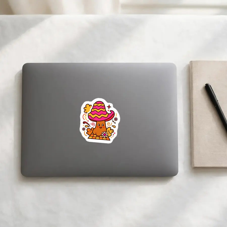 Hot Pink Striped Mushroom with Cheeky Tilt as a sticker on a laptop