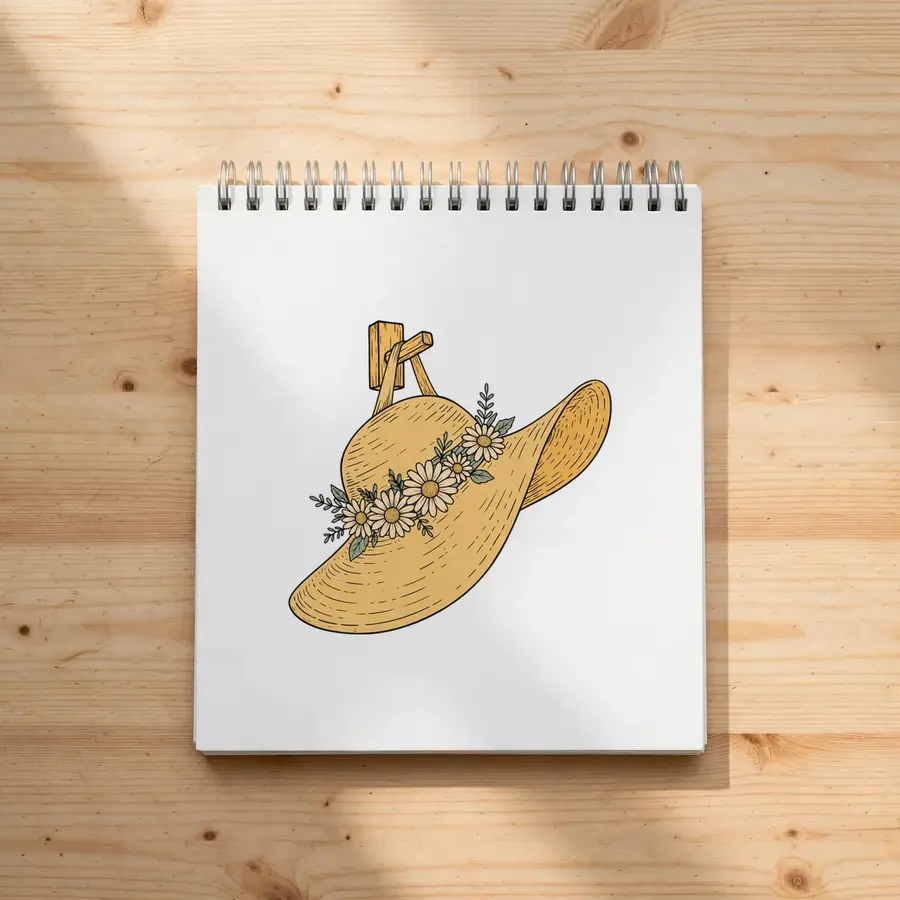 Straw Sun Hat With Daisy Ribbon on a notebook