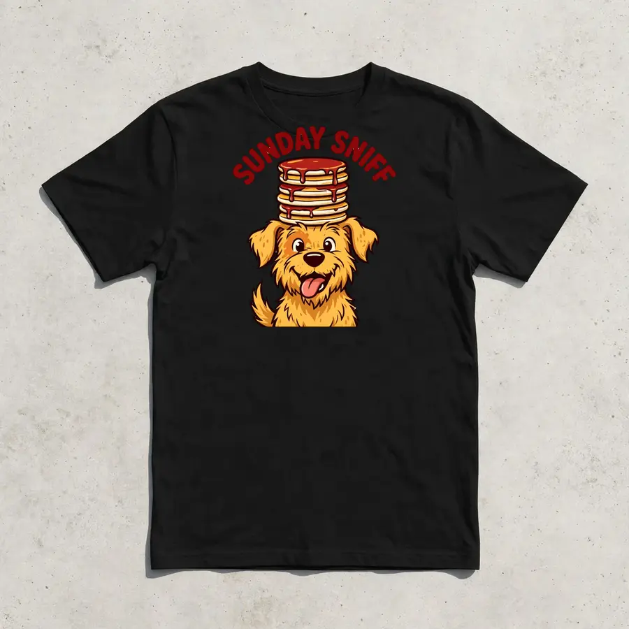 Golden Dog With Slim Pancake Stack on a black t-shirt
