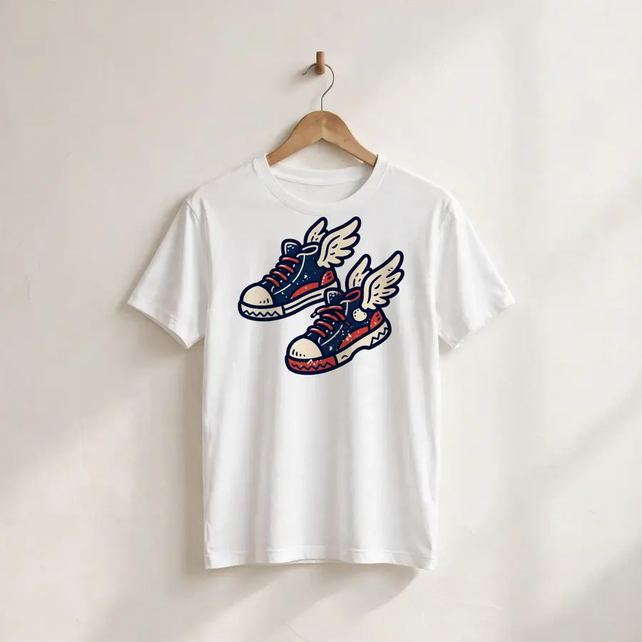 Winged Sneakers With Red Laces on a t-shirt on a hanger
