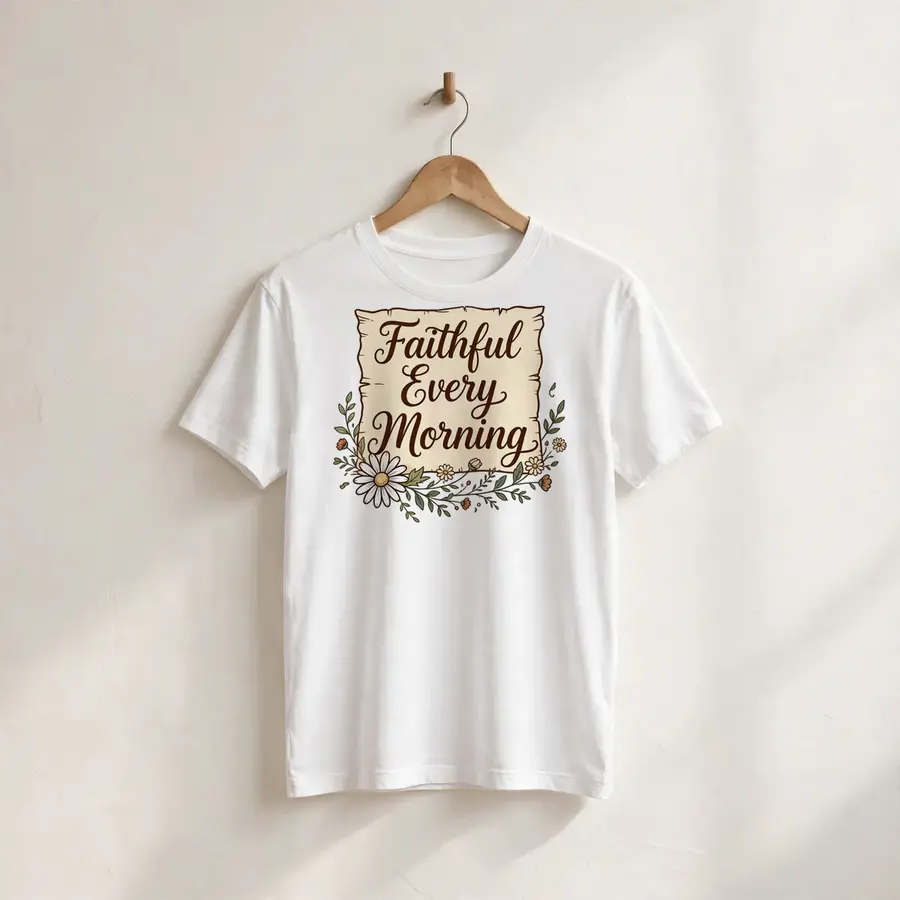 Faithful Every Morning Parchment Sign With Daisies on a t-shirt on a hanger