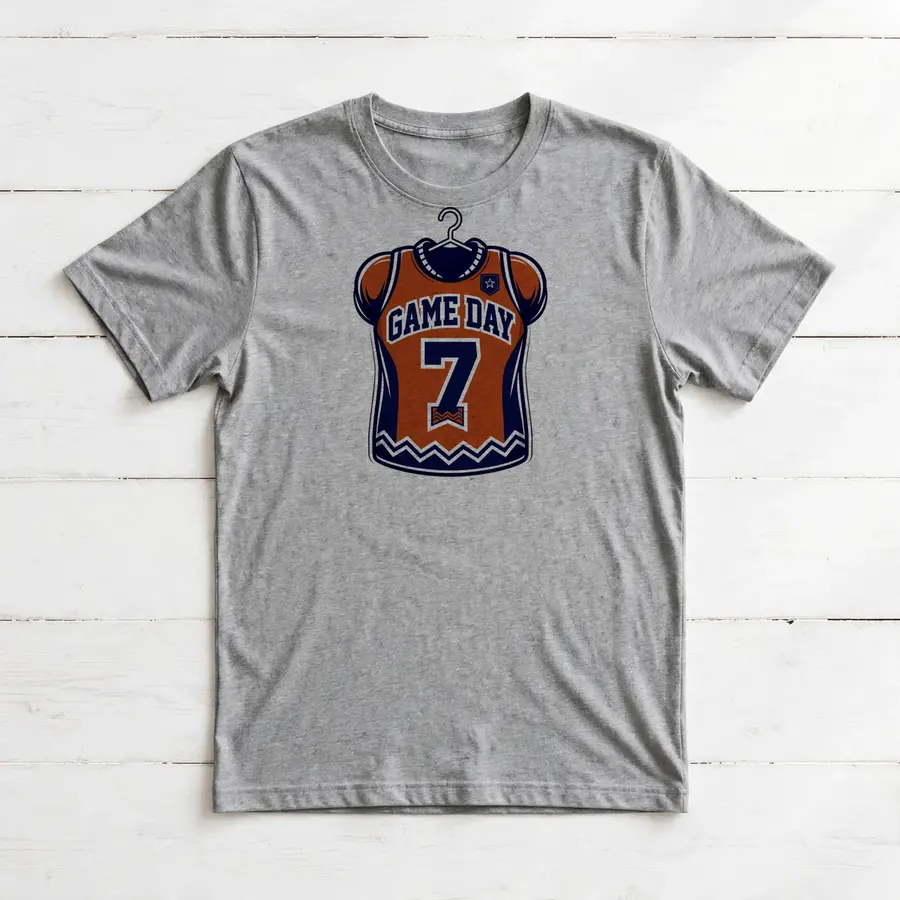 Orange Jersey With Navy Zigzag Hem on a gray t-shirt