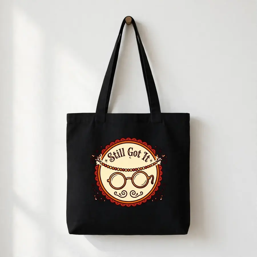 Reading Glasses On Beaded Chain on a black tote bag