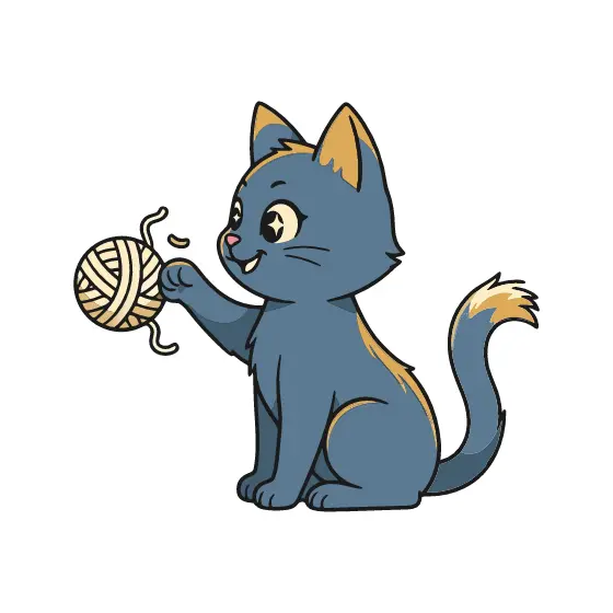 Seated Blue Cat Batting Yarn Ball