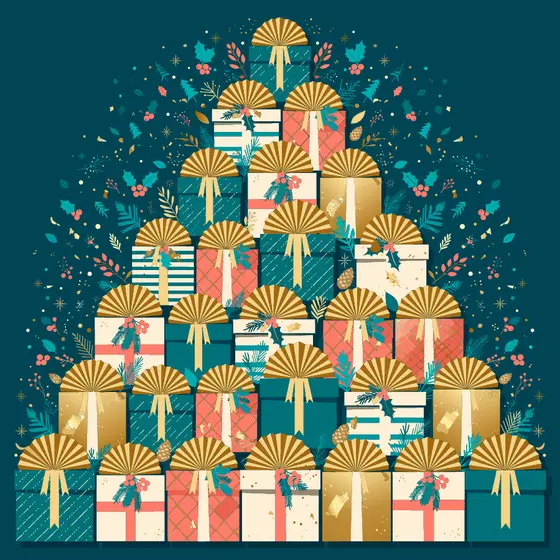 Stepped Pyramid of Gold-Bowed Gift Boxes