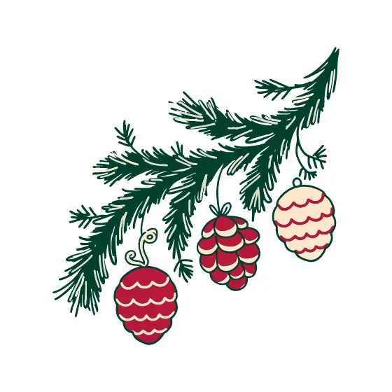 Evergreen Bough With Red And Cream Ornaments