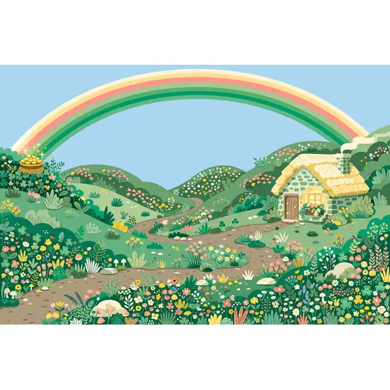 Thatched Cottage Under Rainbow Hillside