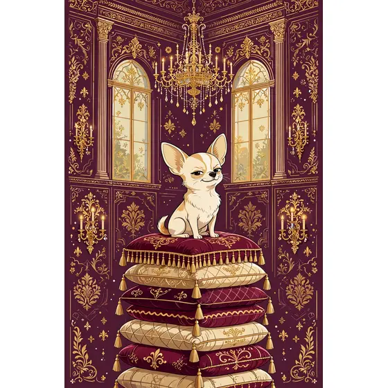 Regal Chihuahua Atop Burgundy Cushion Stack