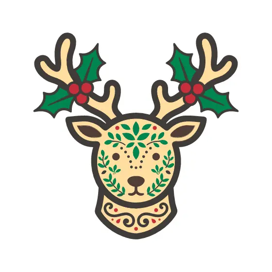 Floral Reindeer Head With Holly Crown