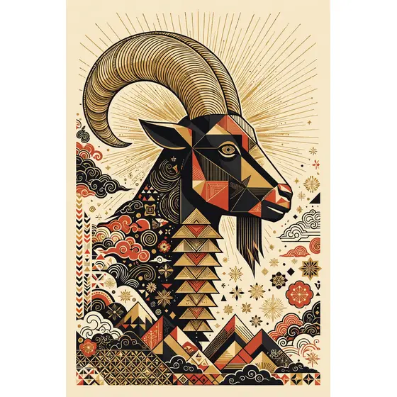 Geometric Goat Profile With Gold Sunburst