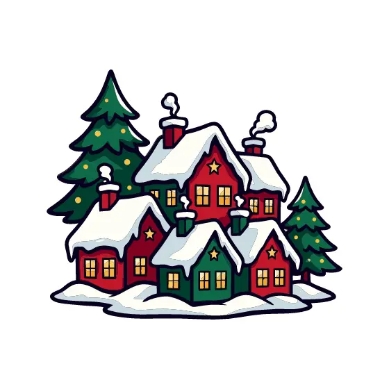 Snowy Christmas Village With Pine Trees