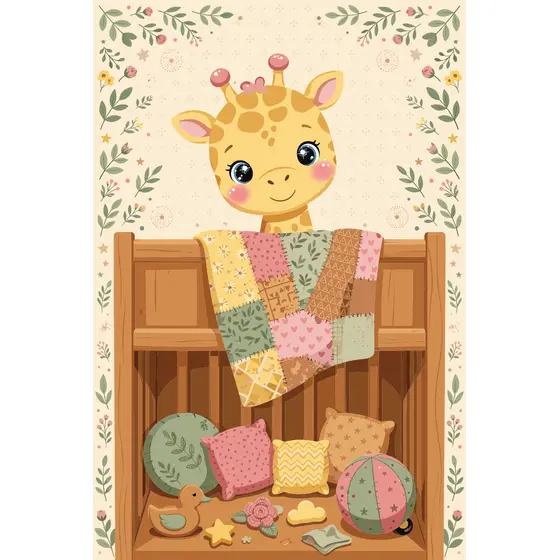 Baby Giraffe Peeking Over Wooden Crib