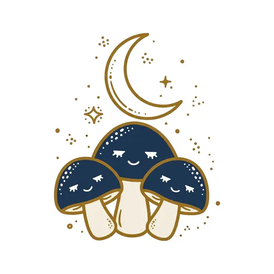 Three Sleepy Mushrooms Under Crescent Moon