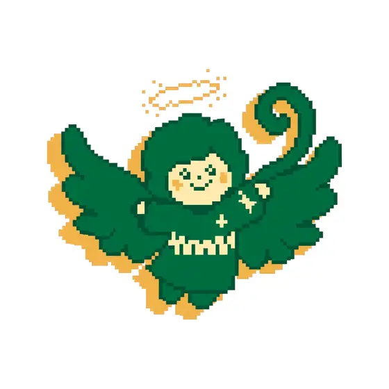 Green Pixel Angel With Curled Wing