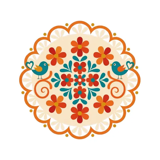 Circular Folk Mandala With Swirling Birds