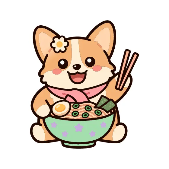 Corgi With Flower Hairclip Eating Ramen