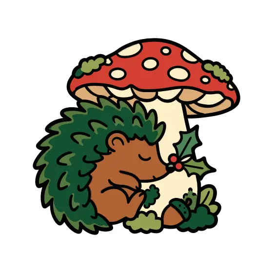Hedgehog Holding Acorn Under Mushroom