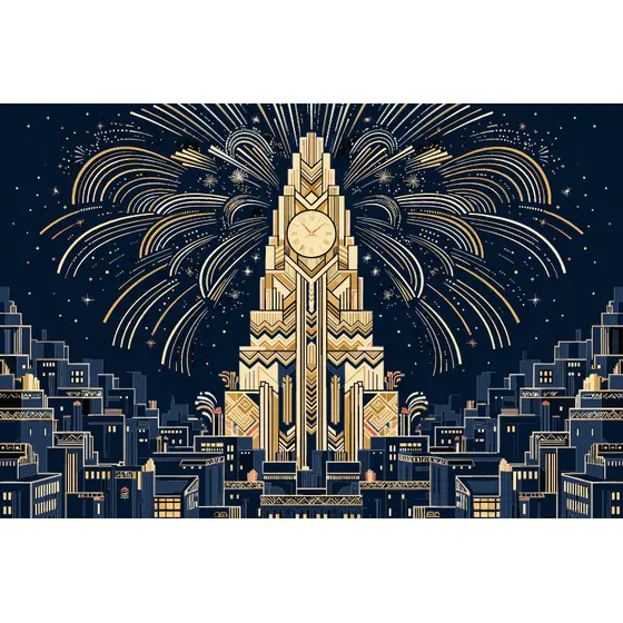 Art Deco Clock Tower With Gold Fireworks