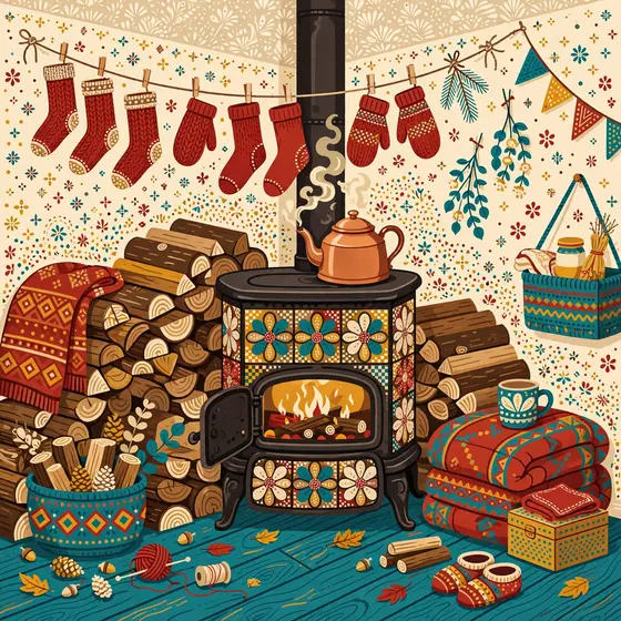 Cozy Cast-Iron Stove With Steaming Kettle