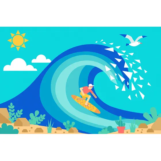 Surfer Riding Curling Blue Wave