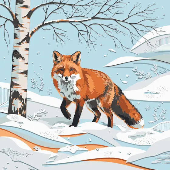 Red Fox Mid-Step by Birch in Snow