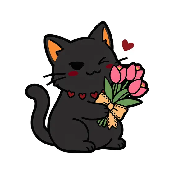 Black Cat Winking With Tulips