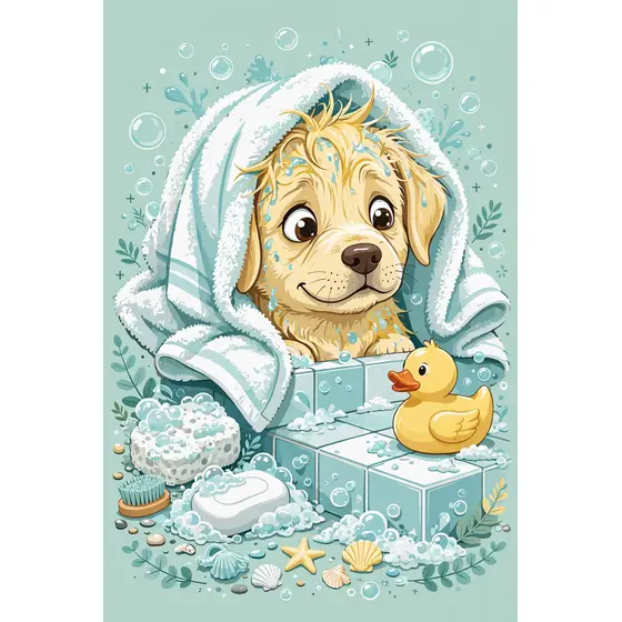 Sheepish Yellow Puppy Under Aqua Towel