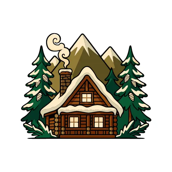 Log Cabin With Snowy Mountains