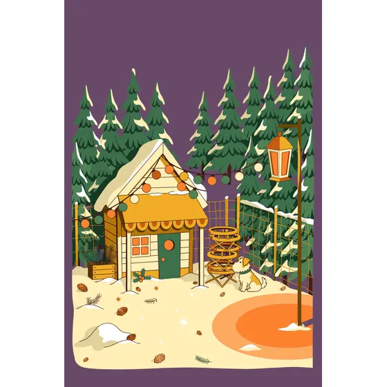 Cozy Snowy Hut With Fir Trees