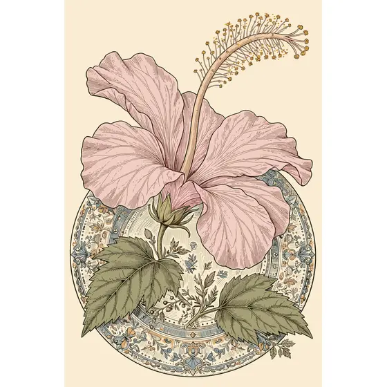 Pink Hibiscus with Olive Leaves on Plate