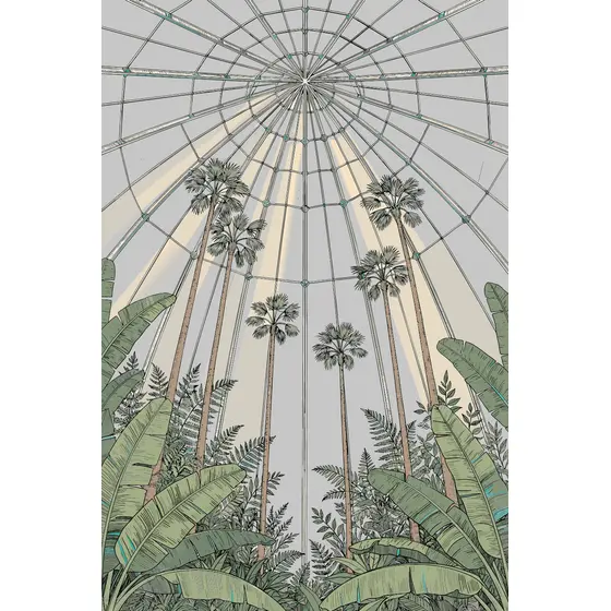 Domed Glasshouse With Palms and Light Beams