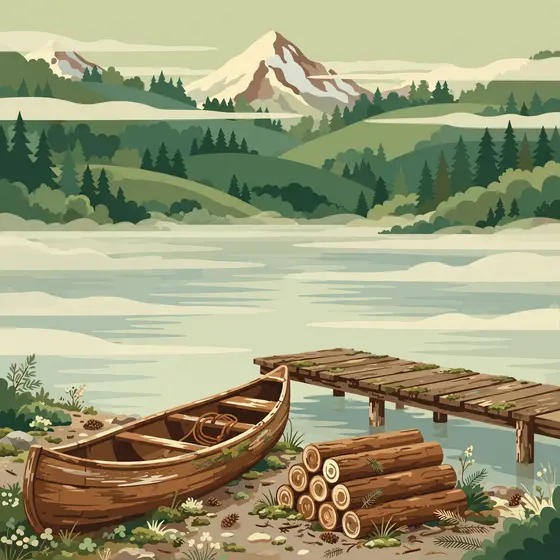 Wooden Canoe and Lakeside Dock Scene