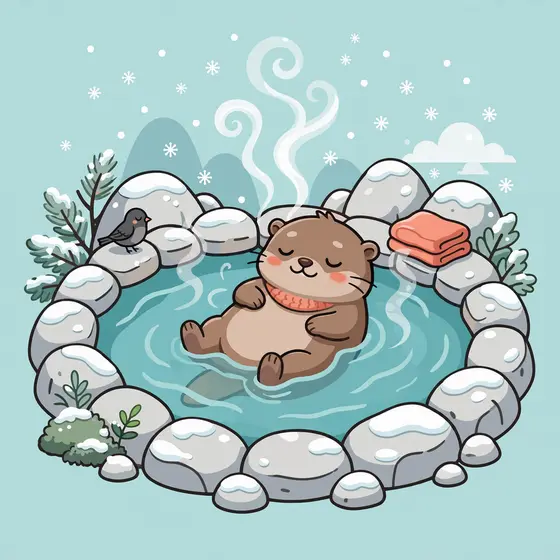 Sleepy Otter Floating in Snowy Hot Spring