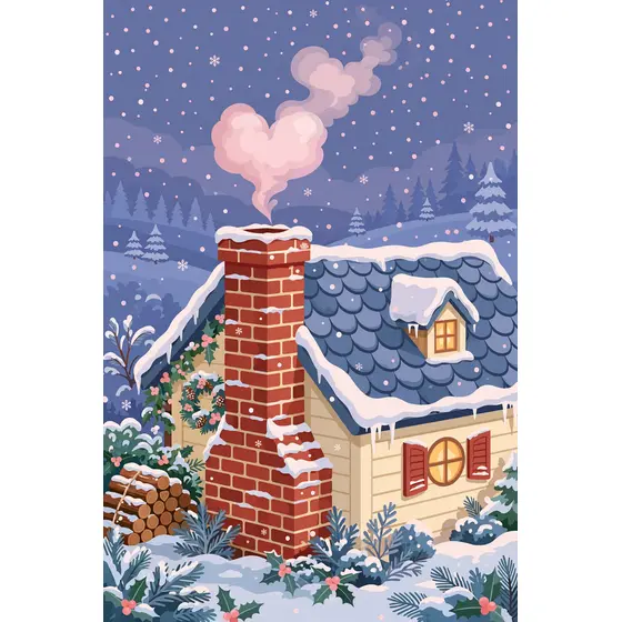 Snowy Cottage With Heart Chimney Smoke