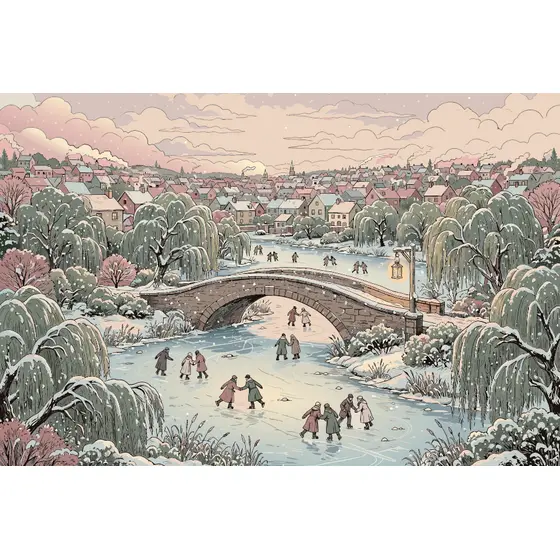 Skaters on Frozen River Under Stone Bridge
