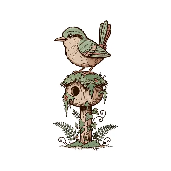Wren On Round Mossy Birdhouse