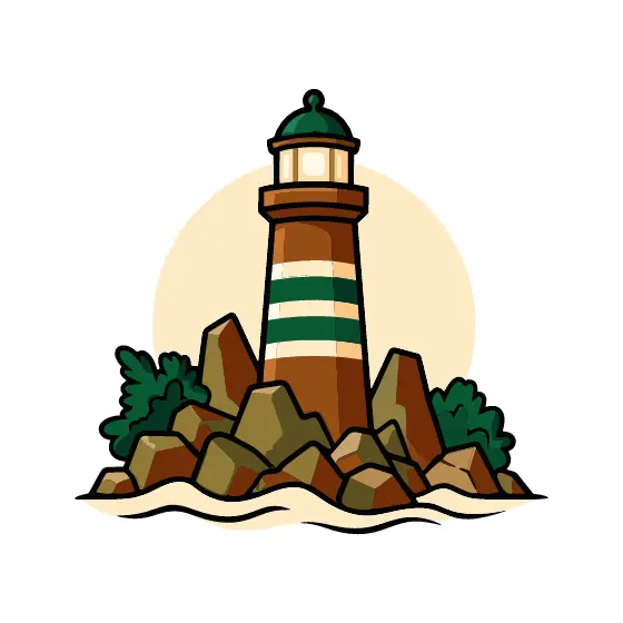 Striped Lighthouse on Rocky Coast