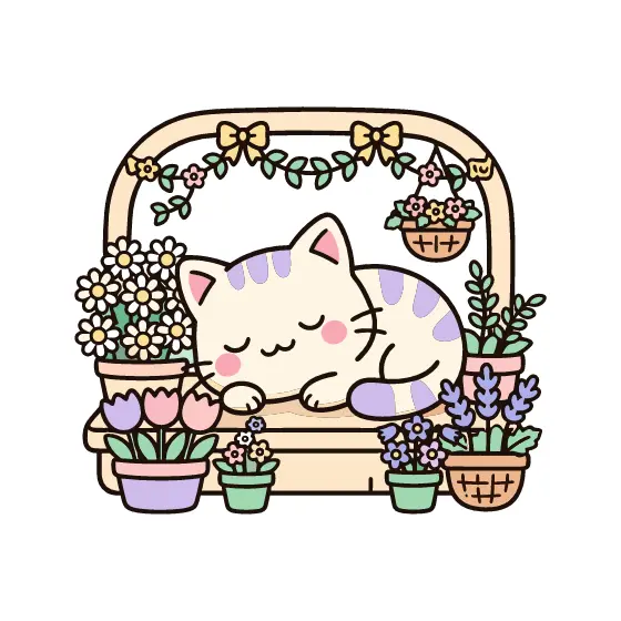 Sleeping Cat With Flower Baskets