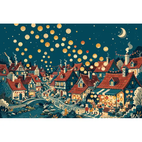 Night Village With Floating Paper Lanterns