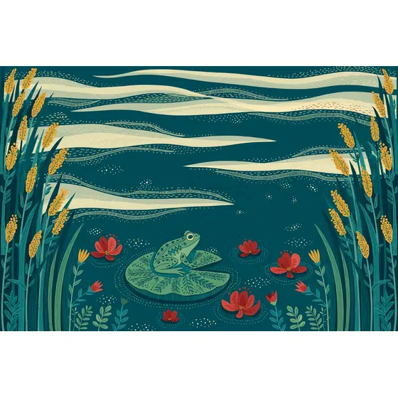 Misty Teal Pond With Frog