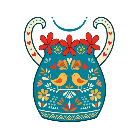 Teal Folk Pitcher With Twin Birds