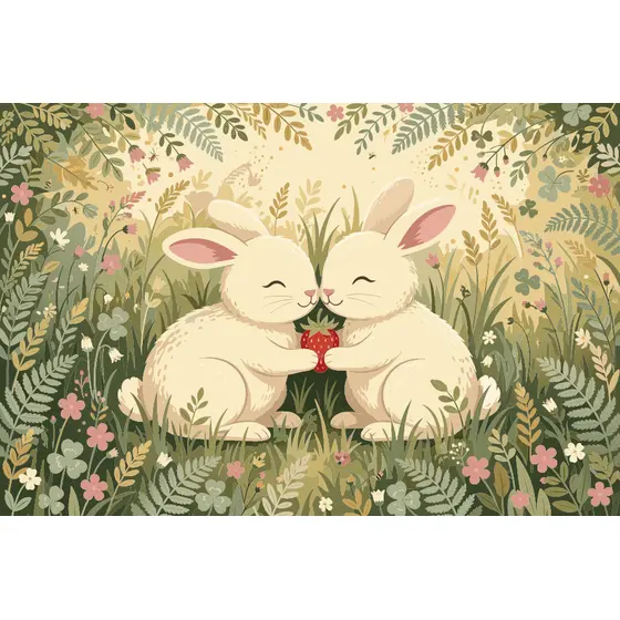 Two Cream Rabbits Sharing Strawberry