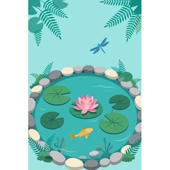Round Pond With Lily Pads and Koi