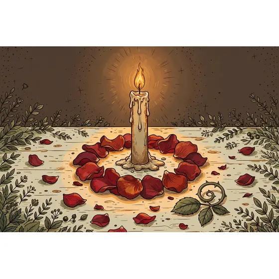 Lit Candle Ringed With Red Petals