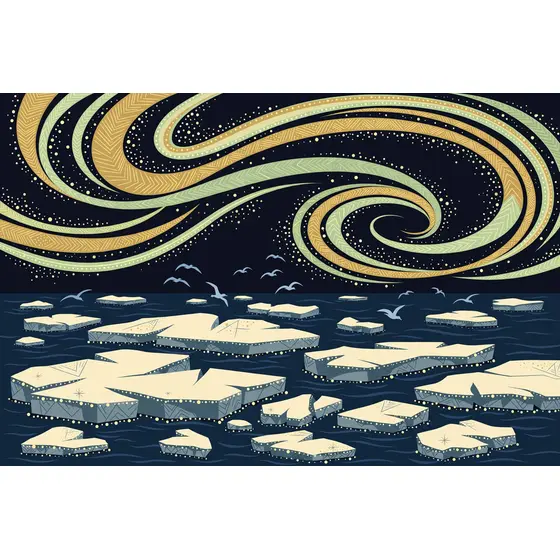 Golden Aurora Over Arctic Ice Floes