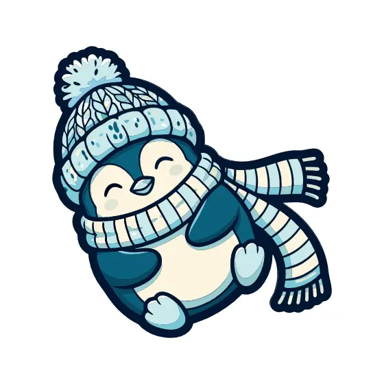 Teal Penguin in Striped Hat and Scarf