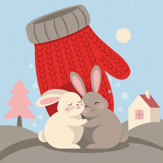 Cream and Grey Rabbits Snuggling Under Mitten