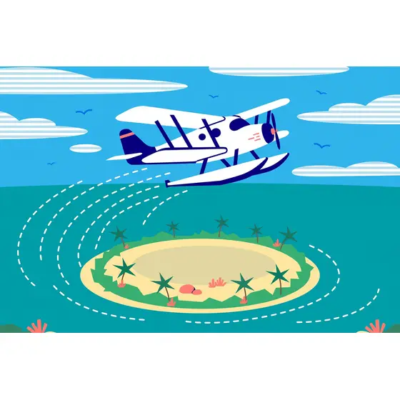 White Biplane Seaplane Over Island
