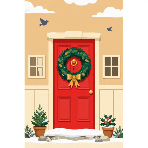 Red Front Door With Evergreen Wreath